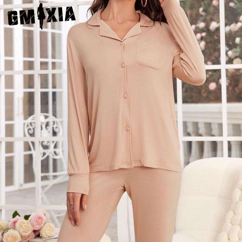 GMXIA Pyjamas Female Autumn and Winter Red New Year Christmas Ice Silk Long-sleeved Shirt Trousers Two-piece Homewear