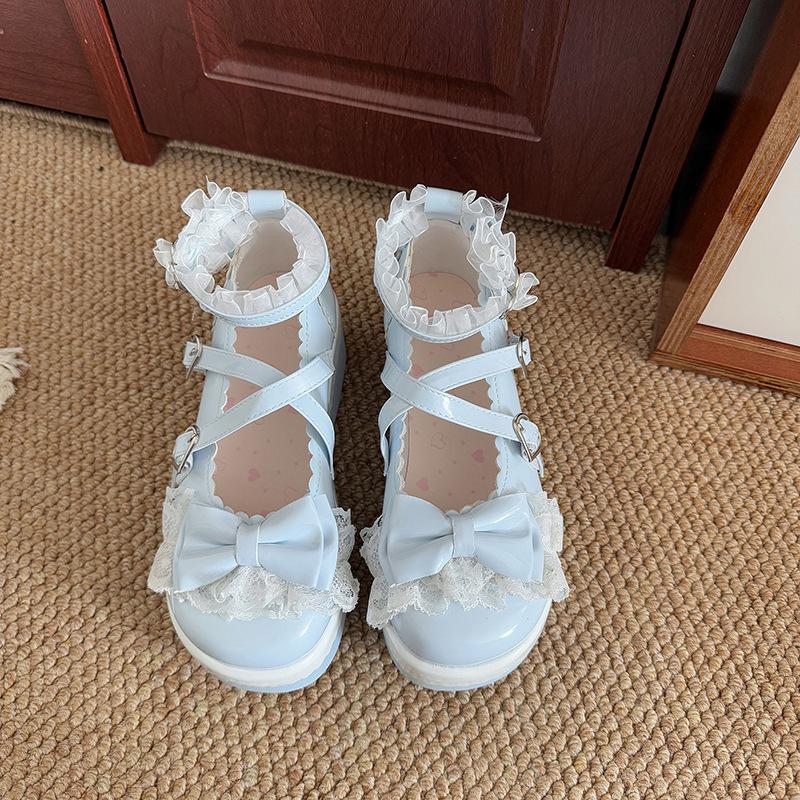 Sweet and cool muffin platform small leather shoes women's 2025 new summer Japanese bow Mary Jane lolita single shoes