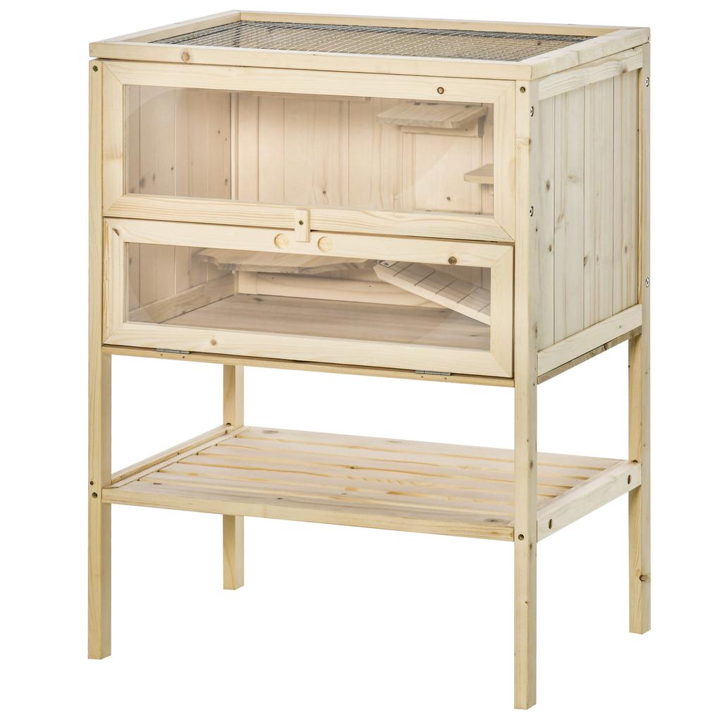 Wooden Hamster Cage, 3-Level, Platforms, Ladders, Window, Opening Roof, 60 x 40 x 80 cm, Natural