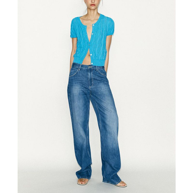 Summer New Product Women's Clothes French Style Single Row Multi-Buckle Minimalist Textured round Neck Short Sleeve Knitting Outwear 4737006