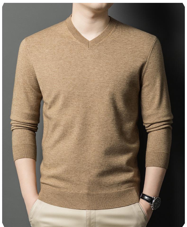 Men's Casual V-Neck Solid Color Knit Sweater - Autumn/Winter Long Sleeve Base Layer