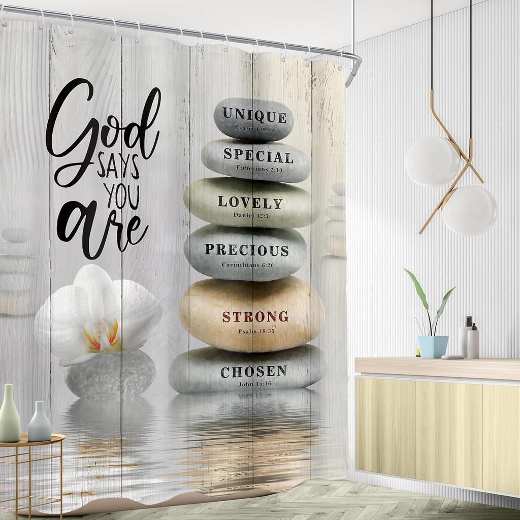 Bible Verse Scripture Shower Curtain Christian Zen Stone Spa Beige Massage Meditation Relaxing Lotus Cloth Fabric Waterproof