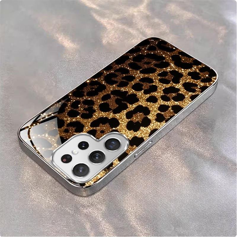 Gold-plated tempered glass phone case, Galaxy S26 S25 S24 S23 S22 Ultra Plus. Features a gold-plated leopard print pattern