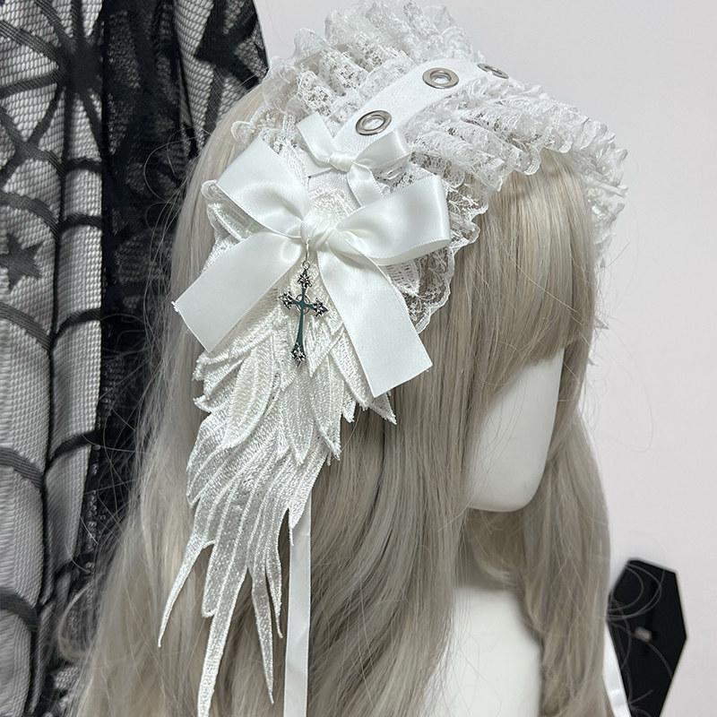 

Harajuku Gothic Lolita Cosplay Headwear Sweet Lovely Girl Subculture Wing Angel Lace Flounce Fold Headband Hair Accessories білий