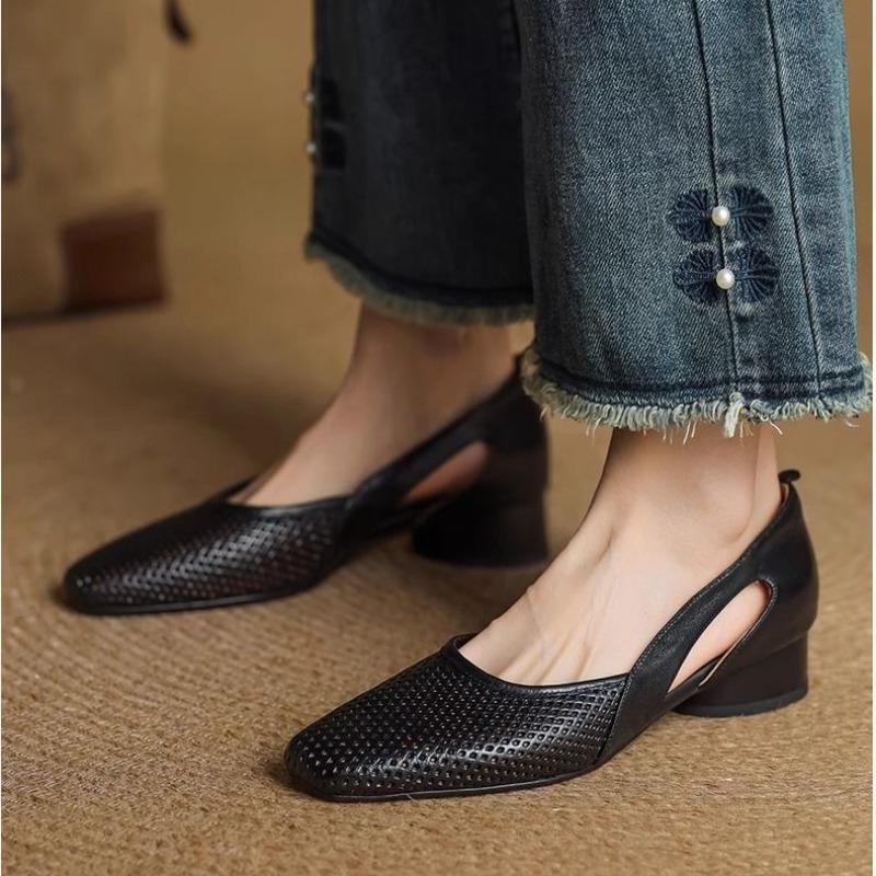 French Elegant Breathable Chunky Heel Clogs Shallow Commuter Shoes 2025 Spring and Summer New Style Slip-on Mom Shoes