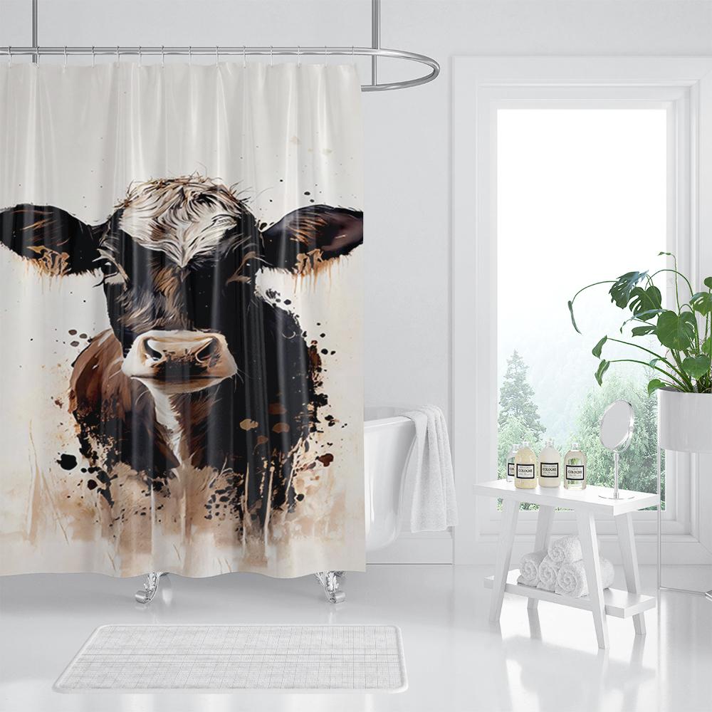 Funny Highland Cow Shower Curtain Farm Animal Sunflower Watercolour Flowers Farmhouse Polyester Fabric Bathroom Decor with Hooks