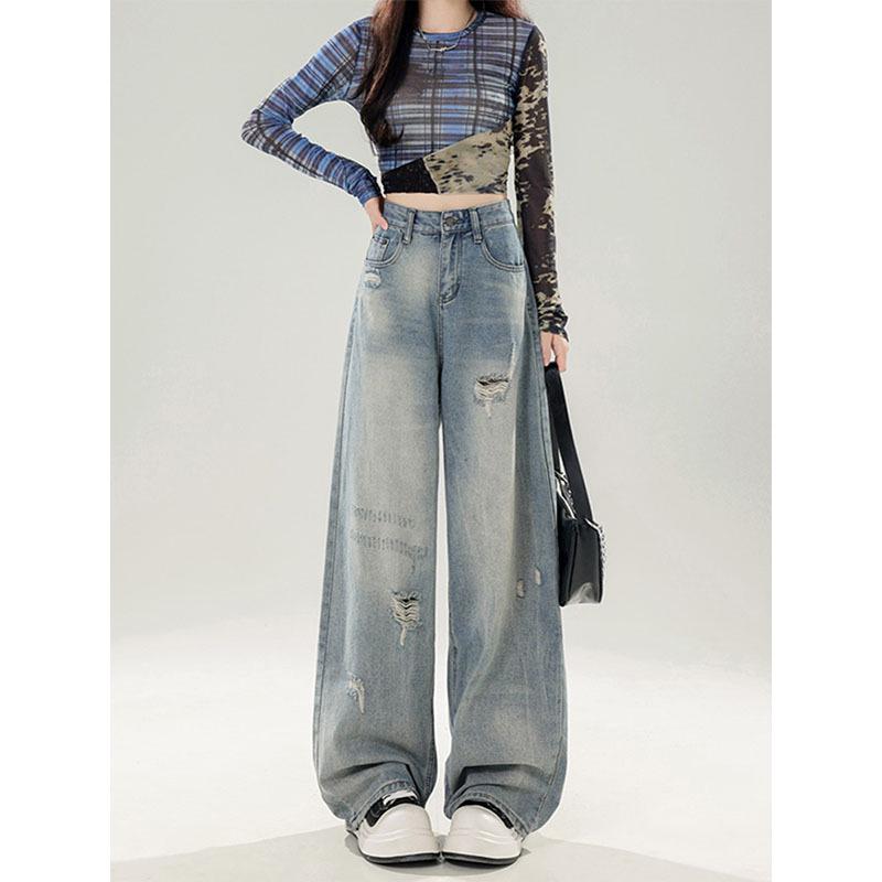High-Waisted Tummy-Control Wide-Leg Jeans for Women - Summer 2025 Slimming, Ripped, Straight-Leg Style. 3XL