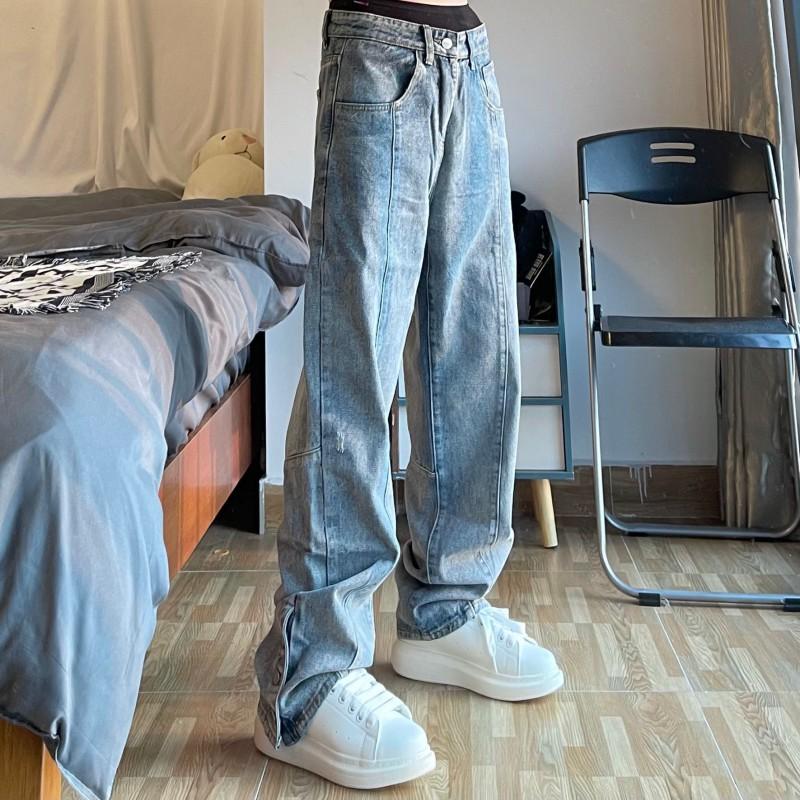 Mens Loose Fit Blue Denim Jeans Embroidery Button Fly Hip Hop Streetwear Casual Pants