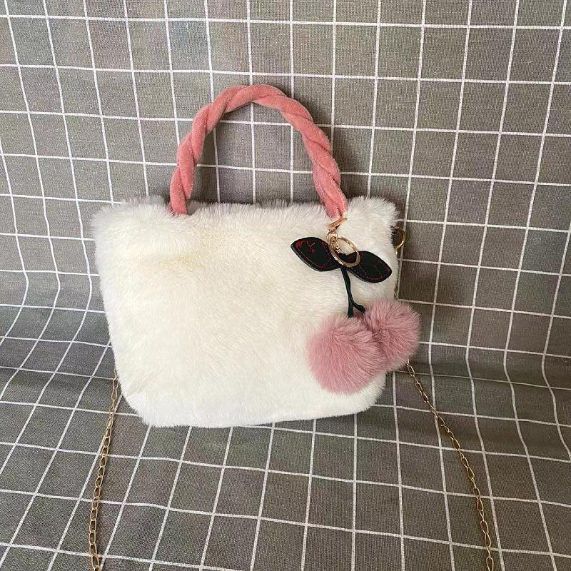 Luxury Faux Fur Bag Women's Plush Woven Handle Handbag Thin Chain Shoulder Bag With Cherry Pendant Magnetic Buckle Crossbody Bag