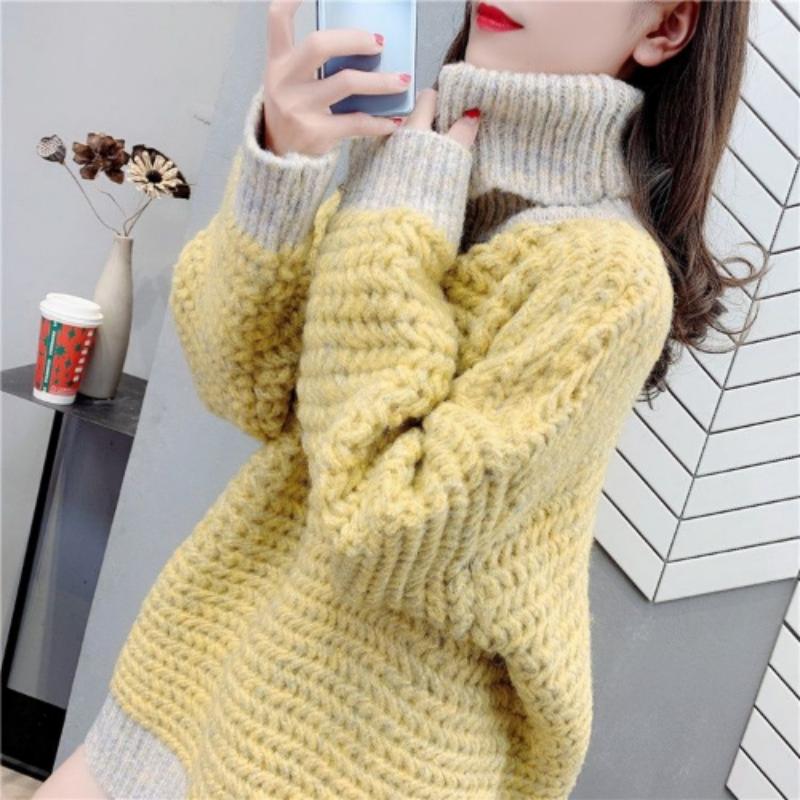 Pulover cu gât înalt pentru femei toamnă și iarnă largi purtând pulover occidentalizat coreean de lungime medie, top feminin