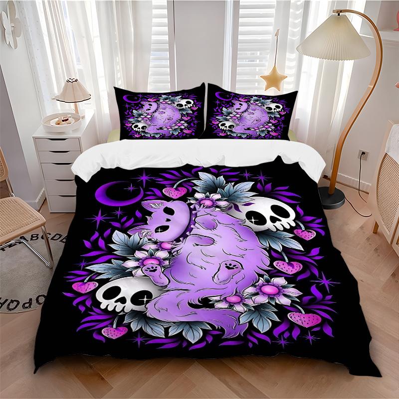 3pcs Pastel Cat and Skulls Printed Quilt Set - Soft and Comfortable Quilt Cover for Bedroom, Guest Room and Dormitory Decorative Bedding Set
