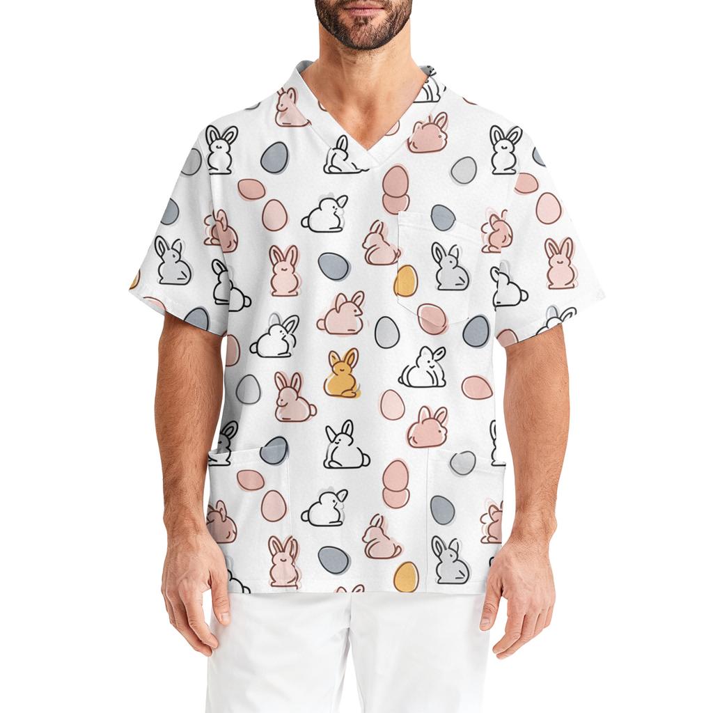 Men's Printing Short Sleeve V-neck Working Blouse Chest Pocket Carer Top