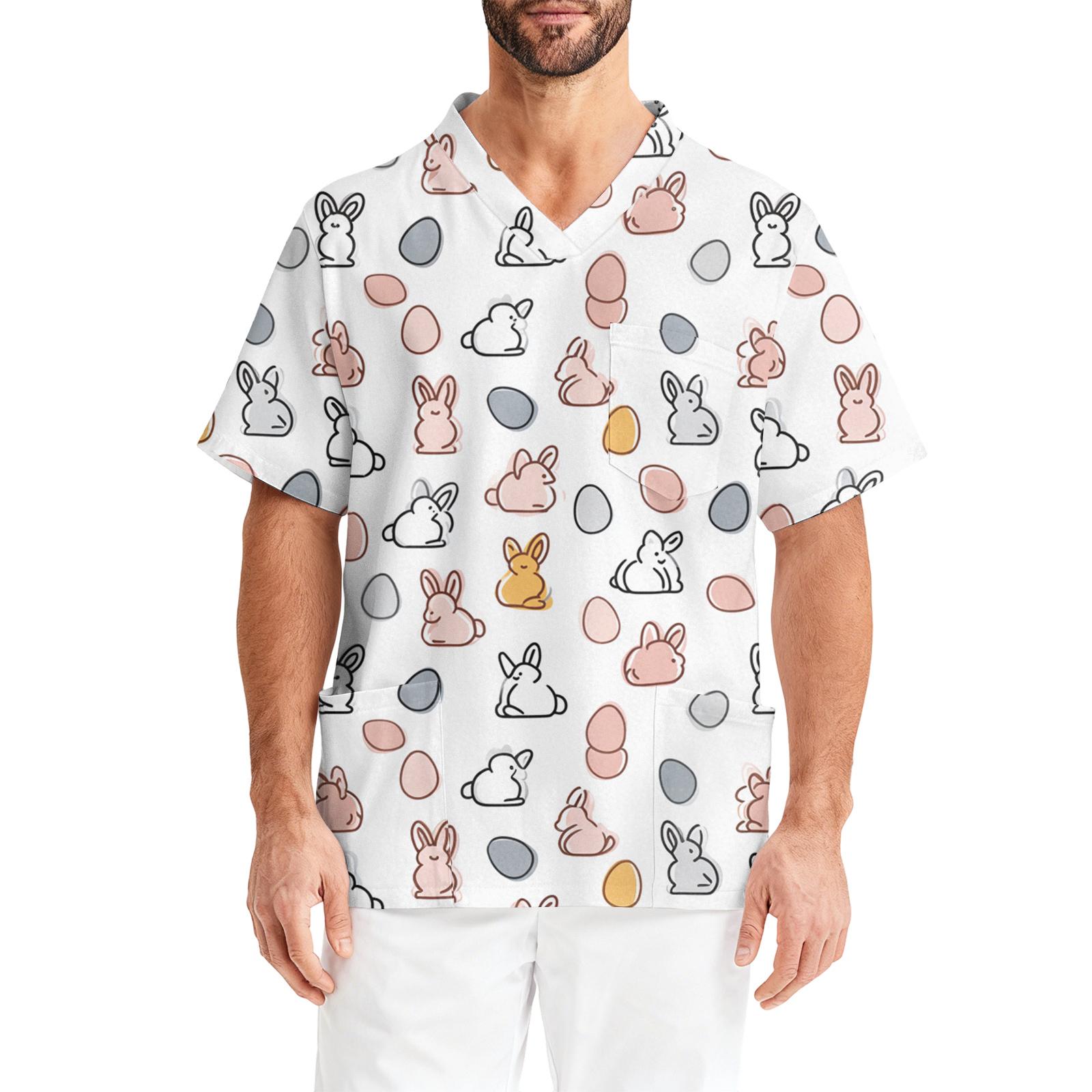 

Men s Printing Short Sleeve V-neck Working Blouse Chest Pocket Carer Top XL білий