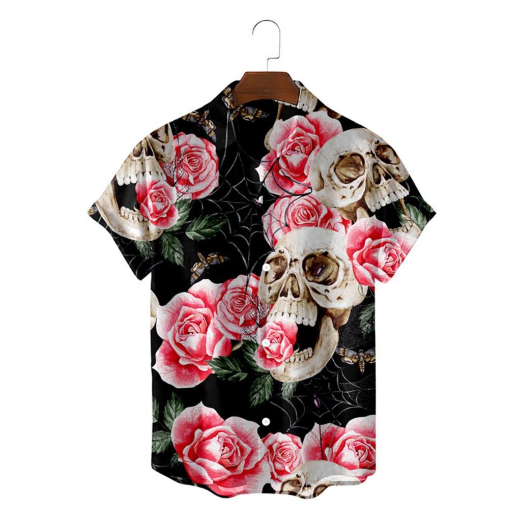Trendy Skull Pattern Hawaiian Shirts For Men Fashion Summer Hip Hop 3D Printed Lapel Button Shirt Cool Streetwear Harajuku Tops