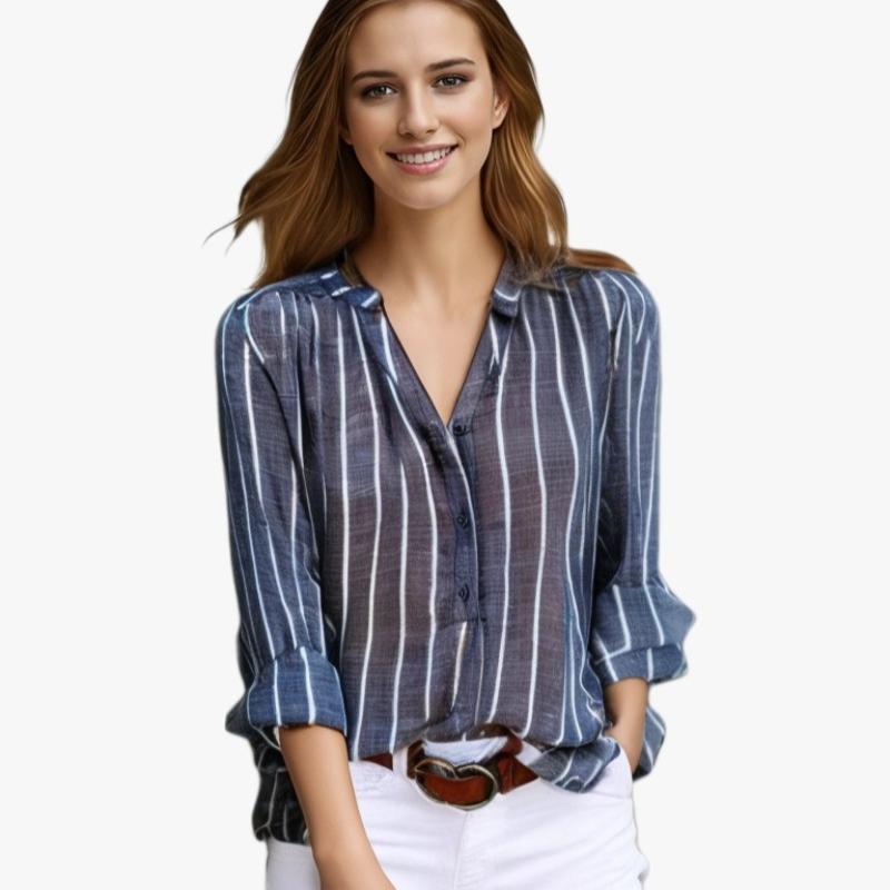 

Осенняя стильная полосатая рубашка с принтом для женщин, повседневная блузка с длинным рукавом больших размеров, женские топы с V-образным вырезом, свободные элегантные офисные женские рубашки 24672 L