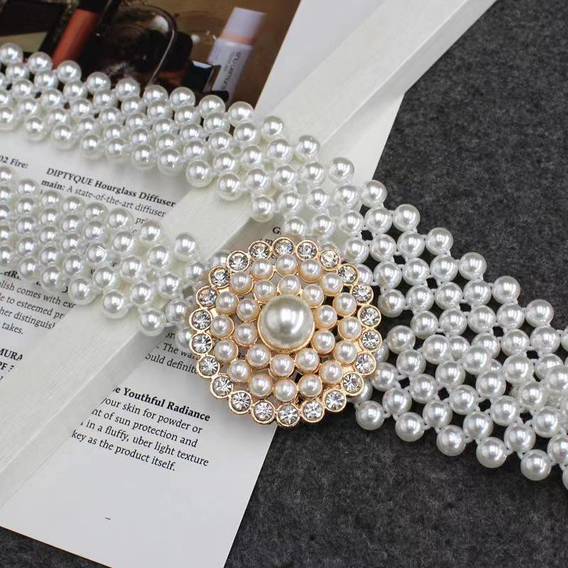 Women's Korean Style Pearl & Rhinestone Elastic Waistband for Dresses and Sweaters