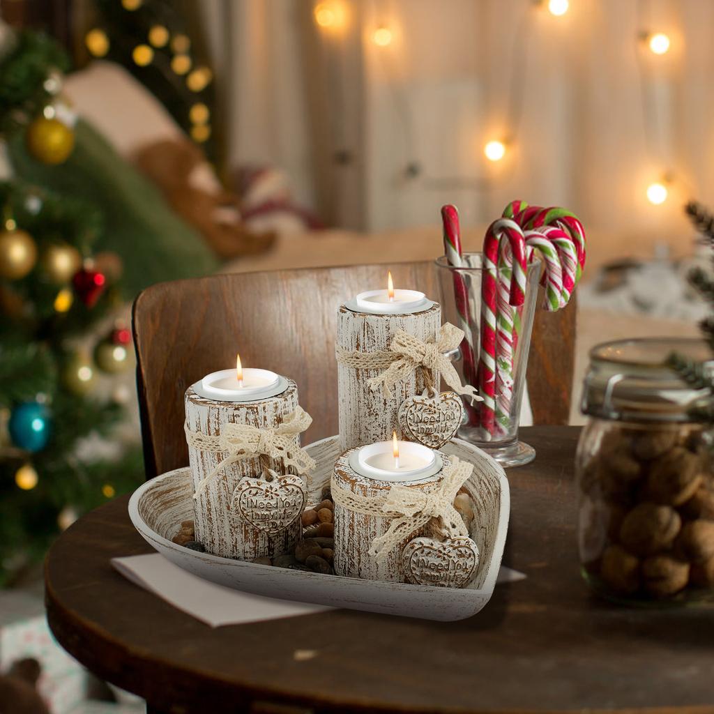 3 Stück Dekorative Teelichthalter Holz Kerzenständer mit Herztablett für Zuhause Büro Tisch Mittelstück Docht Halter