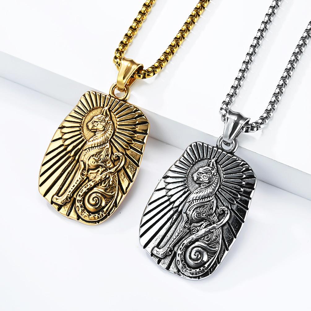 Street Fashion Ancient Egyptian Cat God Bast Necklace for Men, Artistic Vintage Titanium Steel Pendant