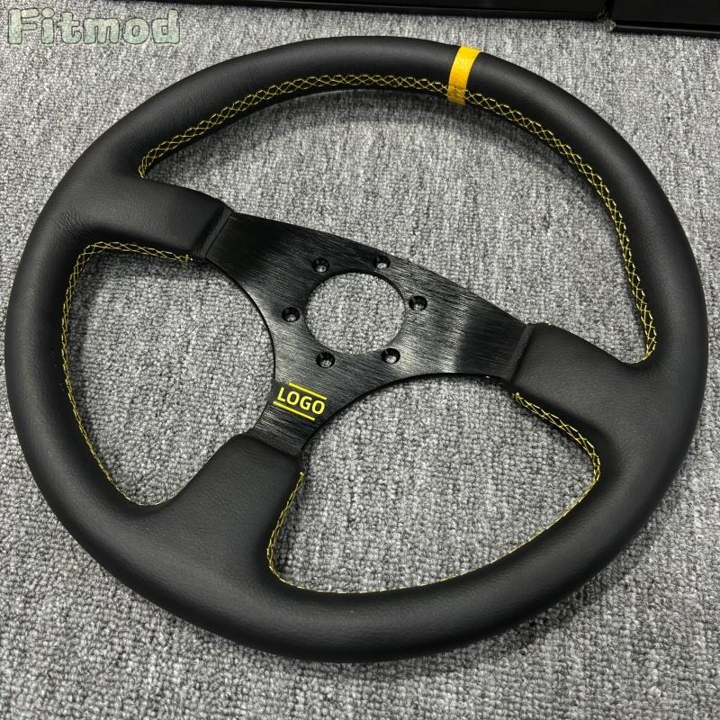 JDM 14-inch 350MM Racing Modified Leather Steering Wheel, Flat Drift Sports Game Steering Wheel PCD70MM