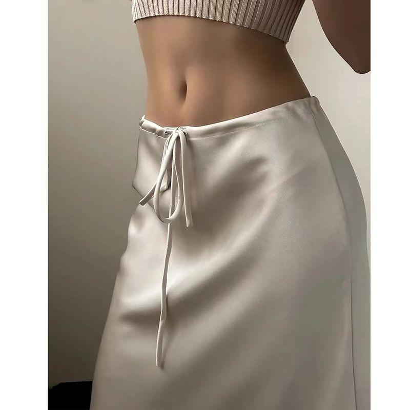 Solid Color Skirt European and American Sheath Summer Satin Long dress High Waist Drawstring Lace-up Solid Skirt