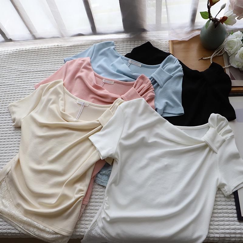 

2025 Summer Korean Asymmetrical Lace Patchwork Ruched T-Shirt Women s Top One Size