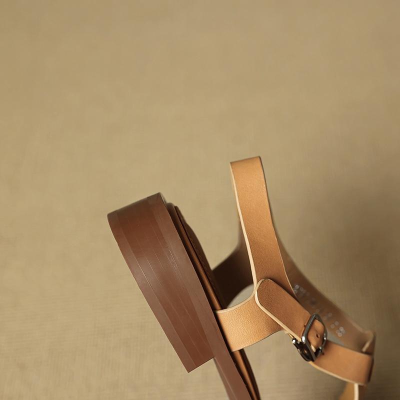 Fashion Women's new summer square head genuine leather cowhide low heel retro elastic buckle comfortable breathable hooded Roman sandals