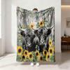 1pc Floral Highland Cow Print 230 Flannel Blanket In Multiple Sizes, Soft And Comfortable Sleeping Blanket, Machine Washable