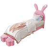 Polsterbett 90x200, mit zwei Stauraumhockern, LED-Nachttischleuchte, Ausklappbare Hasenohren, Ohne Matratze, Jugendbett, Lattenrost, Höhenverstellbar
