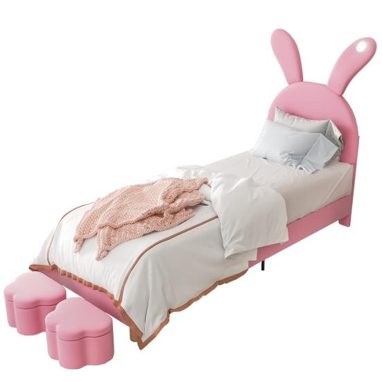 Polsterbett 90x200, mit zwei Stauraumhockern, LED-Nachttischleuchte, Ausklappbare Hasenohren, Ohne Matratze, Jugendbett, Lattenrost, Höhenverstellbar