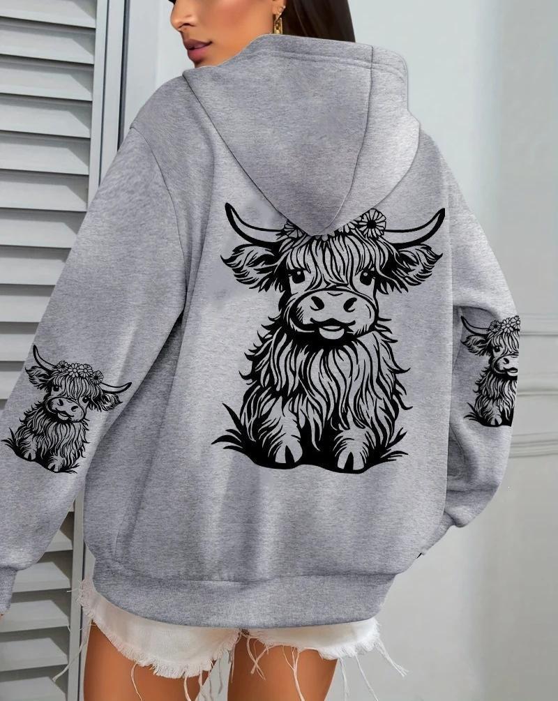 Damen, Kuh Cartoon Tier, Bedruckter Damen Hoodie Herbst Locker Lässig Tasche Fleece Pullover