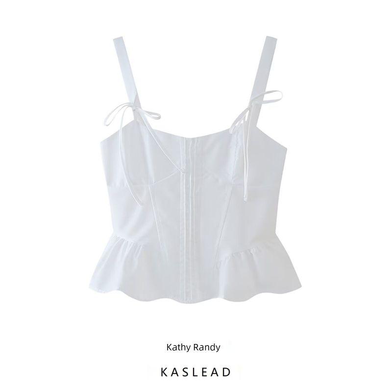 Kaslead New Arrival Women's Clothing Fashion Style Fashion Minimalist Fresh White Bow Suspenders Tops