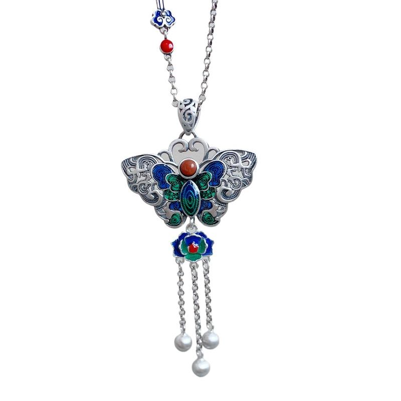 Exquisite Enamel Blue-green Butterfly Pendant Tassel Retro Ethnic Style Auspicious Cloud Necklaces Wedding Jewelry
