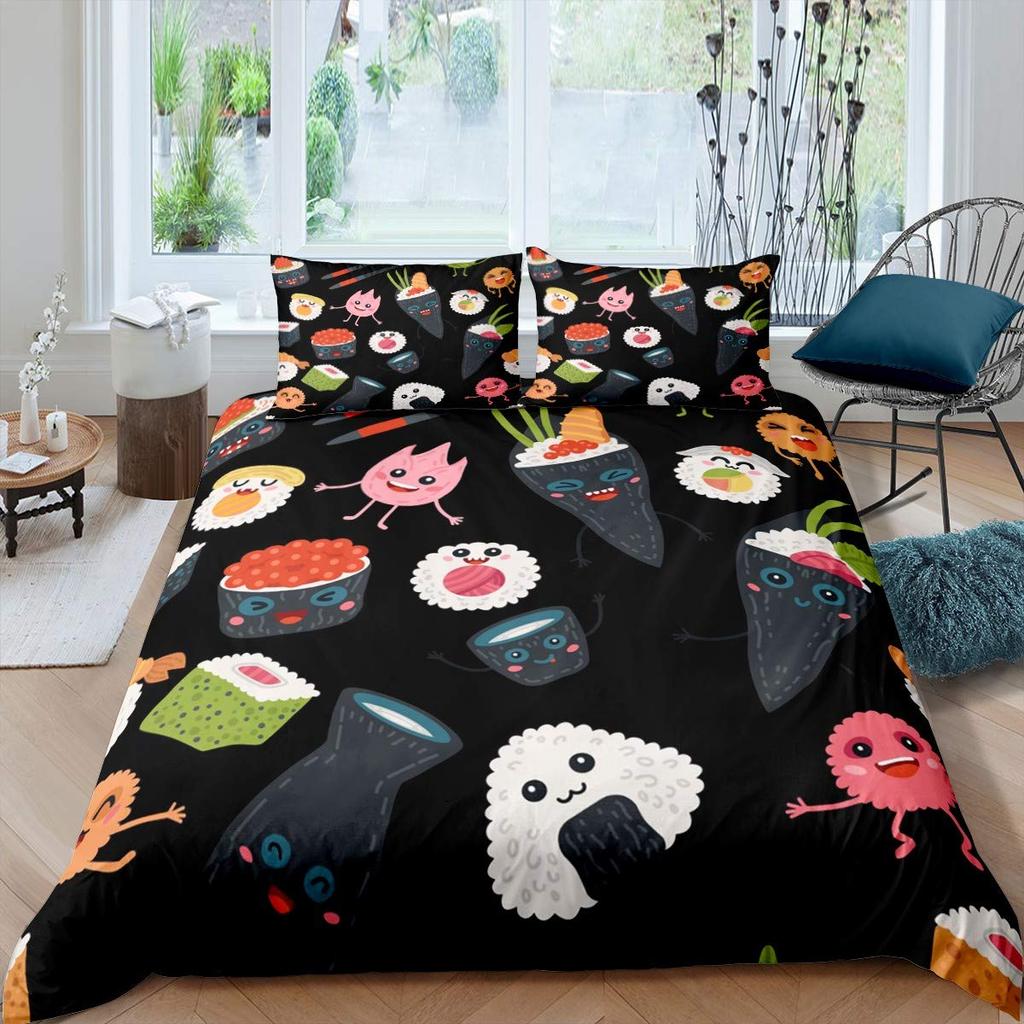 Japan Sushi King Queen Duvet Cover Marine Life Bedding Set Cartoon Japanese Food Quilt Cover Colorful Polyester Comforter Cover
