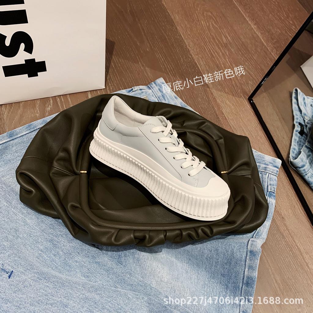 Leather Biscuit Shoes New Spring and Autumn White Shoes Women's Height Increase Breathable Versatile Thick Baseplate Shoes Tide