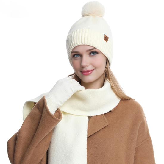 Yousheng 3Pcs/Set Women Hat Scarf Gloves Set Double-Layer Velvet Plush Ball Hat Cold Protection Scarf Touchscreen Gloves Set Ski Cycling Gear