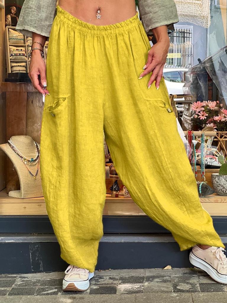 2025 European Autumn/Winter Women's Cotton Linen Wide-Leg Pants with Pockets - Loose & Slimming Design