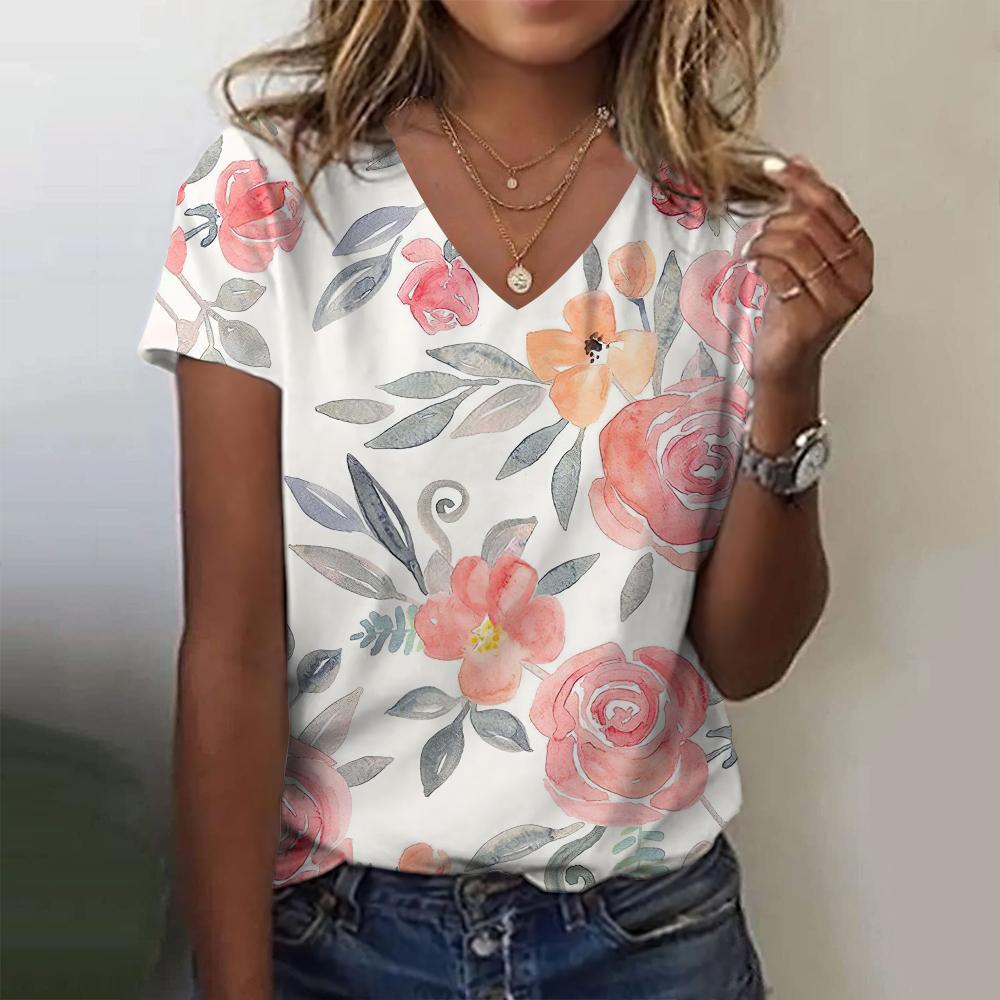 Women's Summer Floral Print 3D Printing T-shirt Women's Street Harajuku V-neck Top Oversized Clothing