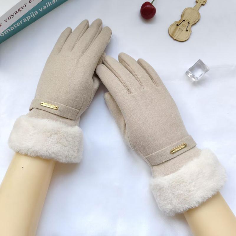 Autumn Winter Warm Suede Gloves Plus Velvet Thickened Plush Decor Cuff Gloves Outdoor Coldproof Touchscreen Riding Ski Gloves