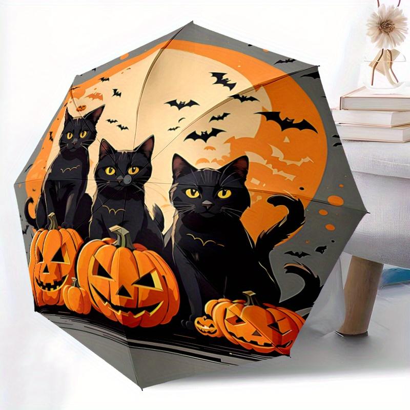 1pc Halloween Night Black Cats Automatic Folding Umbrella - 3 Folding Design, Vivid Cartoon Pattern, Suitable for Outdoor Activities, A Gift for