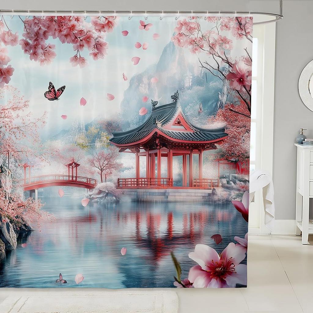 Japanese Style Bathroom Curtain Cherry BlossomShower Curtain for Girls Teen Women,Watercolor Mount Fuji Sakura Animal Aesthetics