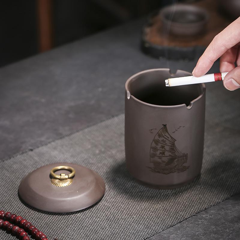Straight Cylindrical Ceramic Purple Clay Ashtray for Men Creative Office Personalized Living Room Chinese Style Home Decor
