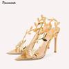 Fashion Star Style Summer Fashion Sequined Patent Leather Leaf Women Sandals Elegant Pointed Toe Stiletto High Heels Prom Dresses Shoes
