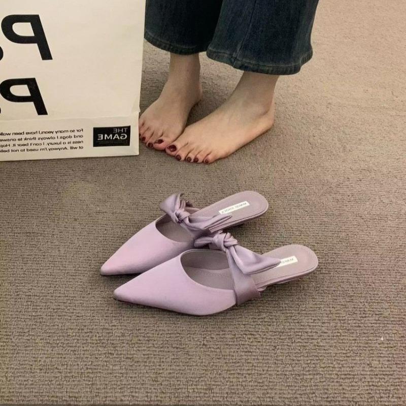 Low Heel Slippers Spring New Pointed Head Shallow Mouth Cow Suede Butterfly Knot Set Foot Anti-slip Wear-resistant Sandals