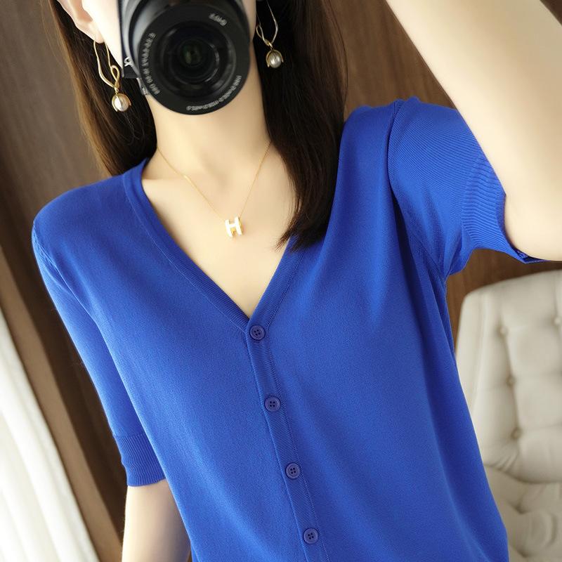 

Кардиган вязаный из ледяного шелка с V-образным вырезом и рукавом пять восьмых, летняя свободная одежда для защиты от солнца, универсальный топ с коротким рукавом, базовая рубашка XXL