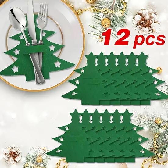 12Pcs Christmas Cutlery Set Christmas Tree Design Felt Washable Reusable Felt Knife Fork Cutlery Bag Holiday Table Decoration