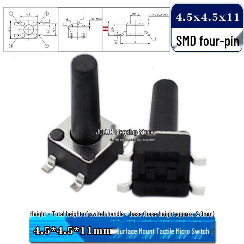 SMD Tactile Micro Switch 4.5x4.5mm, Height Options: 3.8-9mm, Copper Pins
