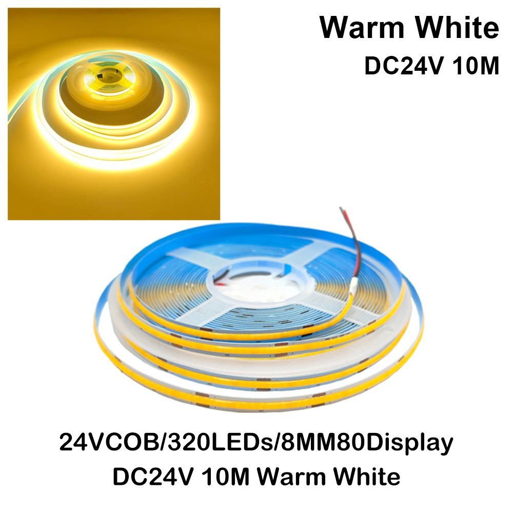 1Roll DC12/24V 320LED COB LED Strip Light Super Bright 5m 10m Flexible Lamp High Density RA90 Warm White Natural White