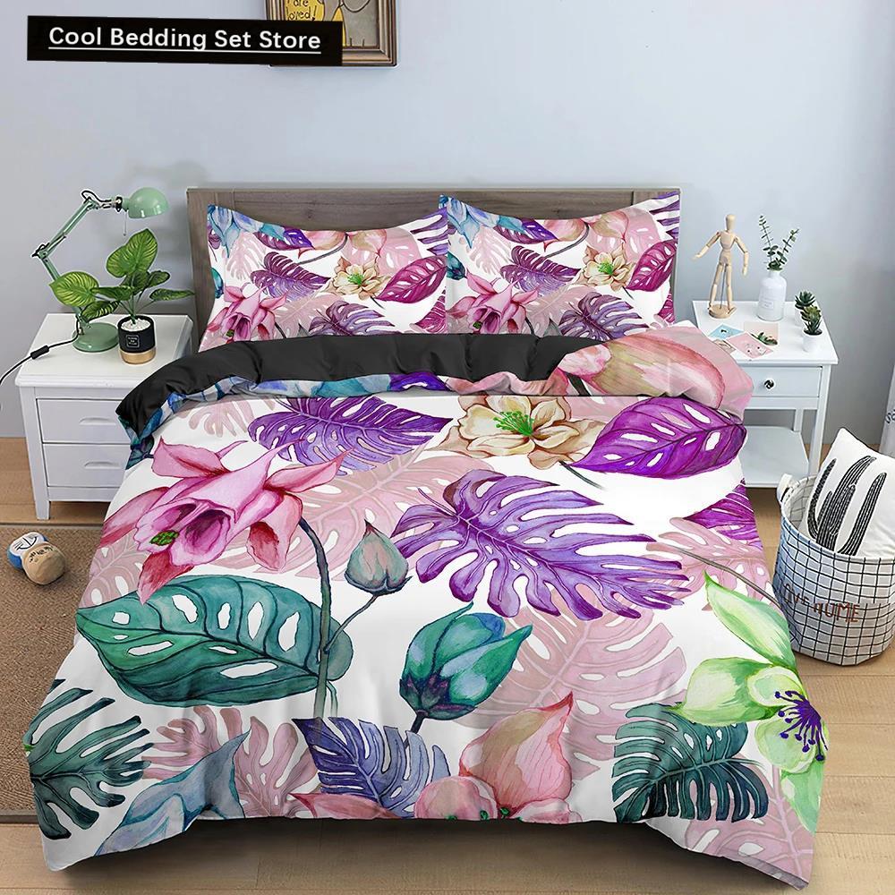 Comforter Flowers King Queen 3D Colorful Floral Printed Polyester Bedding Set For Teens Adults Women Leaves Soft