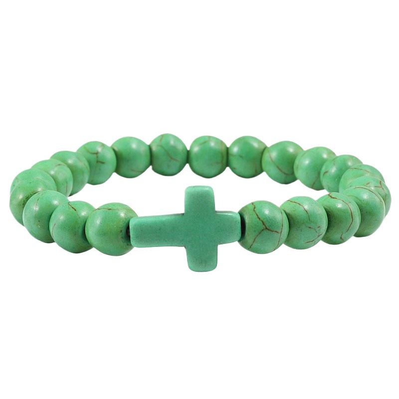 Turquoise Cross Elastic Yoga Bracelet with Black Volcanic Stone