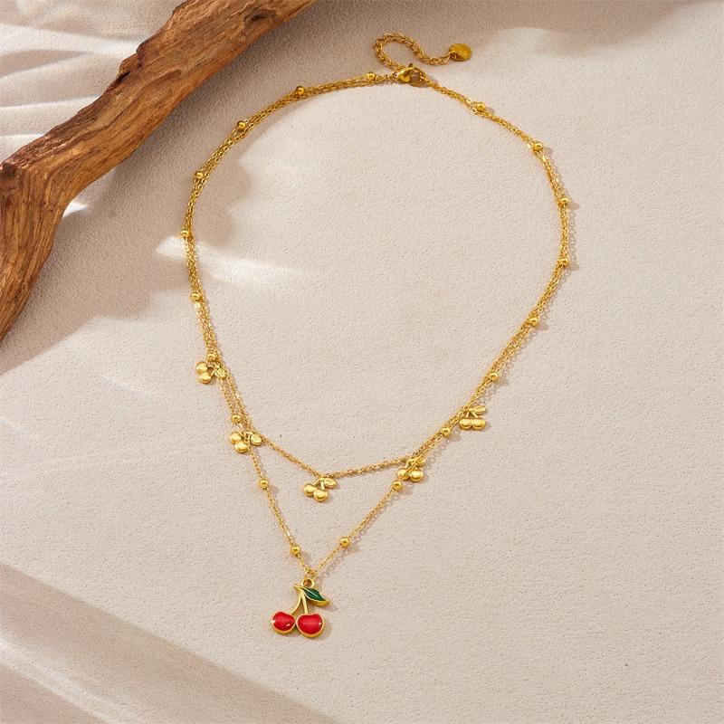 

Gold Plated Layered Cherry Necklace, Dainty Double Chain Fruit Charm Pendant Necklace, Cute Summer Jewelry for Women Gift золотой